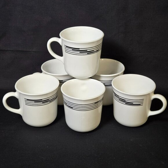 Lot (6) Corelle Corning Optic Flat Coffee Tea Cup White Black Stripes 8 oz Mug - Picture 1 of 11